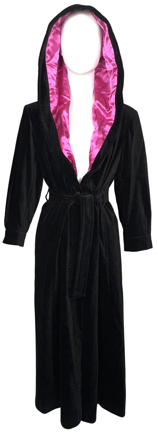 1990's Yves Saint Laurent YSL Black Velvet Hooded Hot Pink Silk Lined Long Maxi Coat Jacket