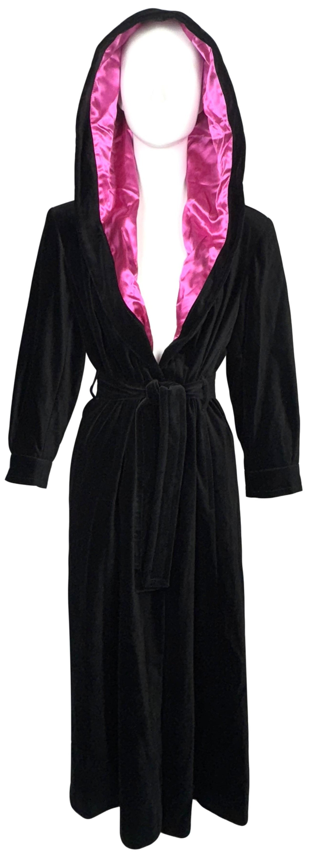 1990's Yves Saint Laurent YSL Black Velvet Hooded Hot Pink Silk Lined Long Maxi Coat Jacket