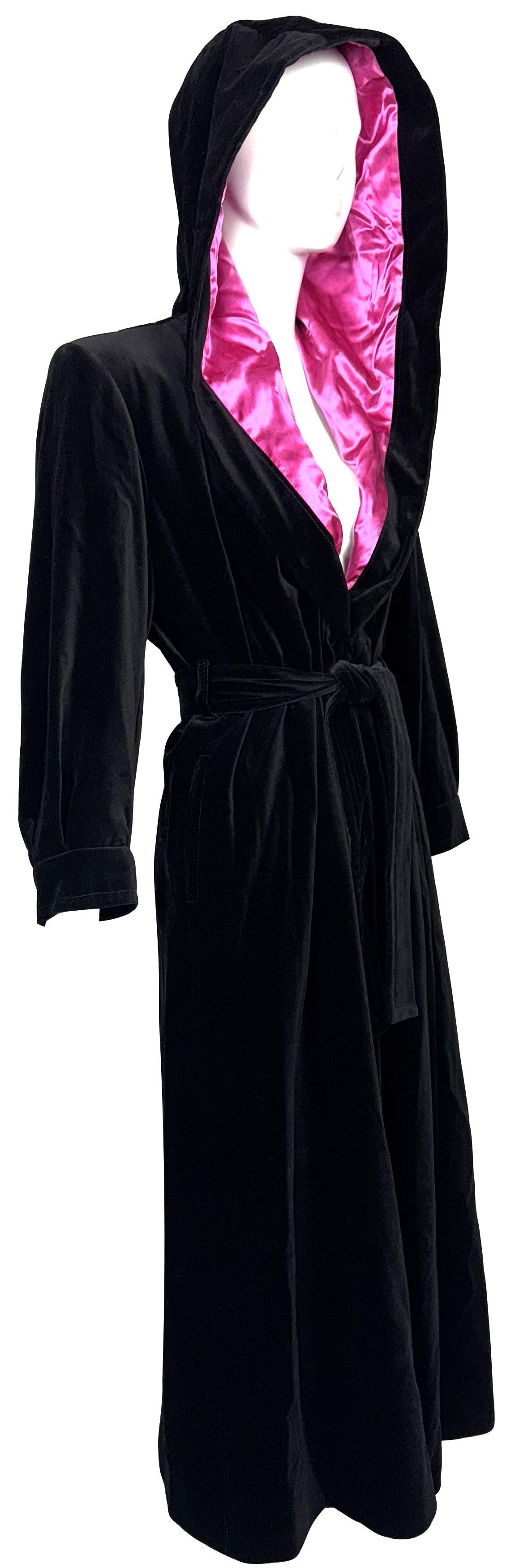 1990's Yves Saint Laurent YSL Black Velvet Hooded Hot Pink Silk Lined Long Maxi Coat Jacket