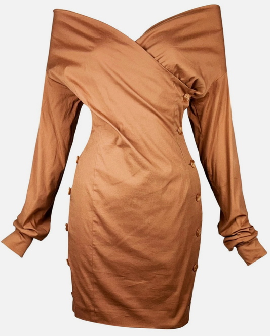 Vintage 1991 Dolce & Gabbana 1950's Pin-Up Style Tan Off Shoulder Mini Dress