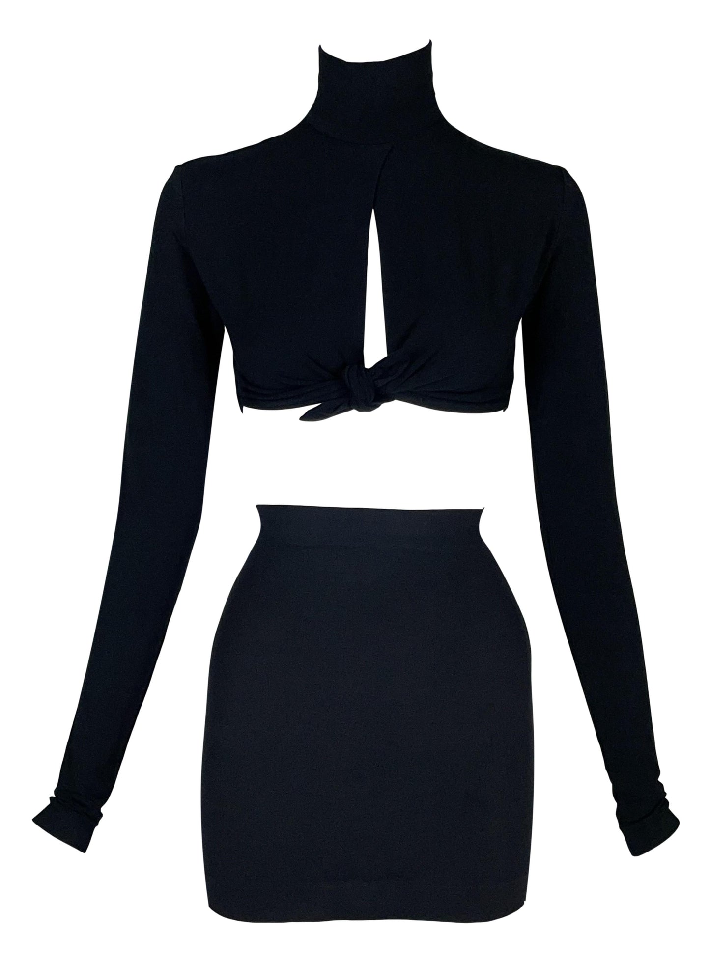 Vintage 1991 Dolce & Gabbana 1940's Style Pin-Up Knotted Cut-Out Black Crop Top & Mini Skirt Set