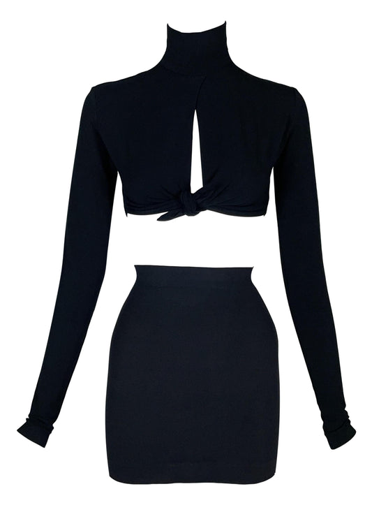 Vintage 1991 Dolce & Gabbana 1940's Style Pin-Up Knotted Cut-Out Black Crop Top & Mini Skirt Set