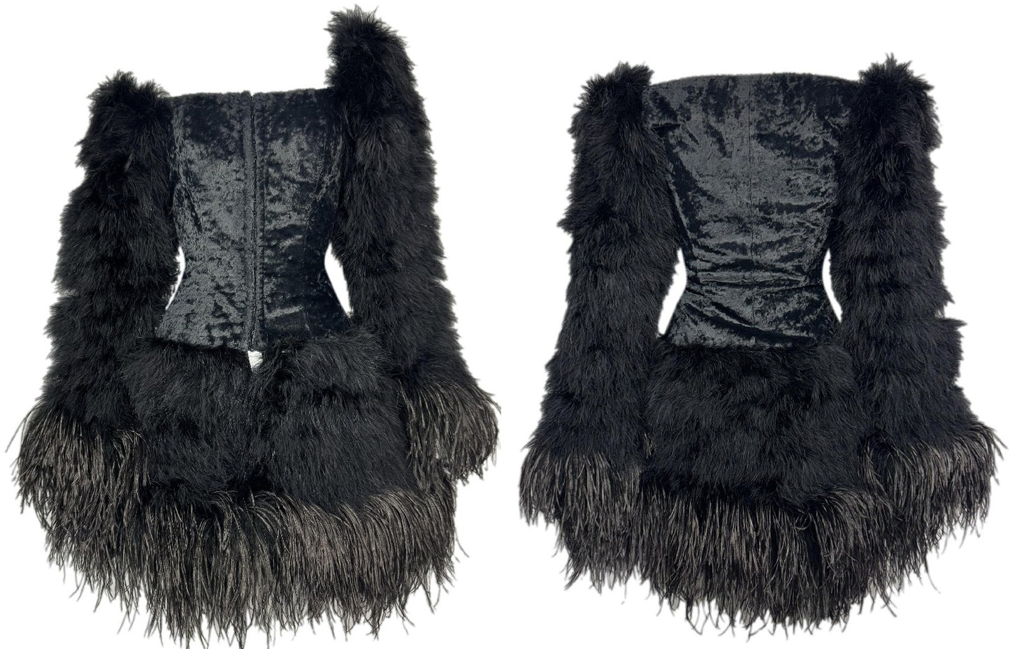F/W 1991 Chantal Thomass Off Shoulder Black Bustier Feather Skirt & Sleeves Mini Dress