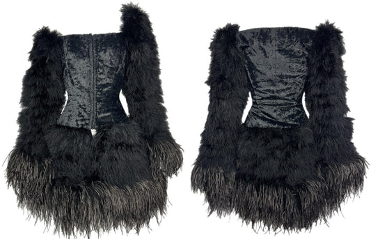 F/W 1991 Chantal Thomass Off Shoulder Black Bustier Feather Skirt & Sleeves Mini Dress