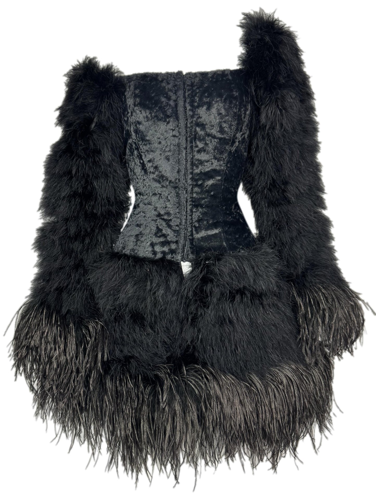 F/W 1991 Chantal Thomass Off Shoulder Black Bustier Feather Skirt & Sleeves Mini Dress