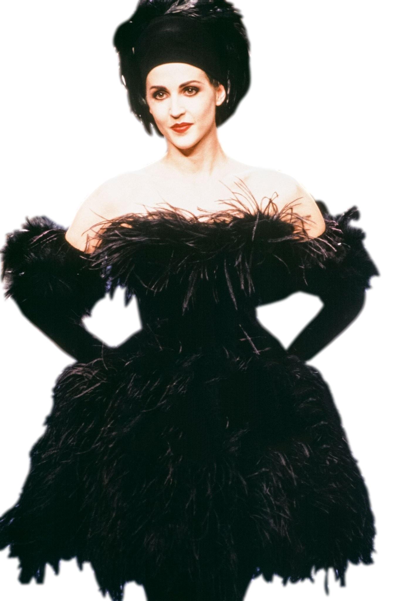 F/W 1991 Chantal Thomass Off Shoulder Black Bustier Feather Skirt & Sleeves Mini Dress