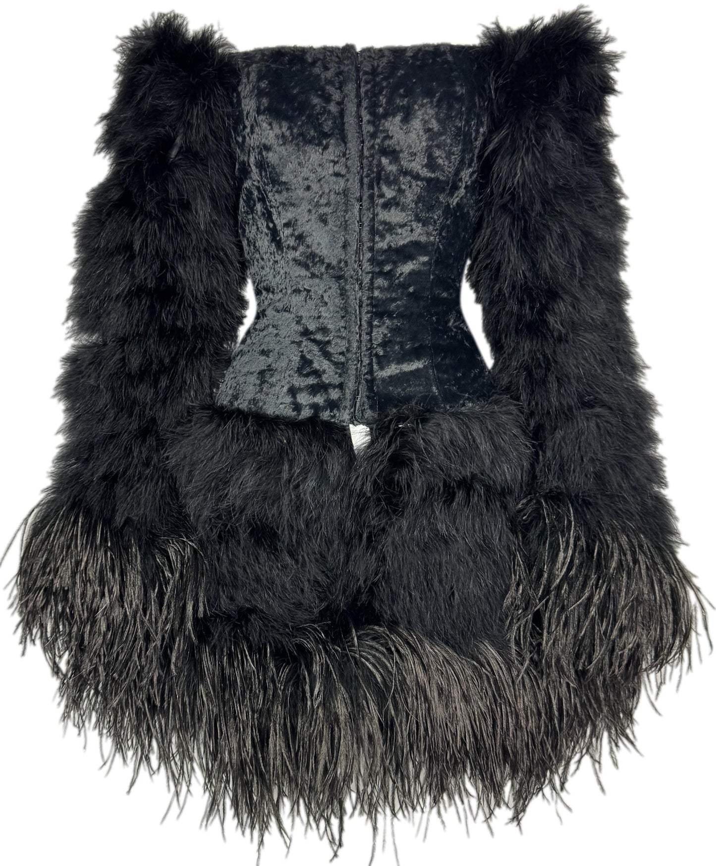 F/W 1991 Chantal Thomass Off Shoulder Black Bustier Feather Skirt & Sleeves Mini Dress