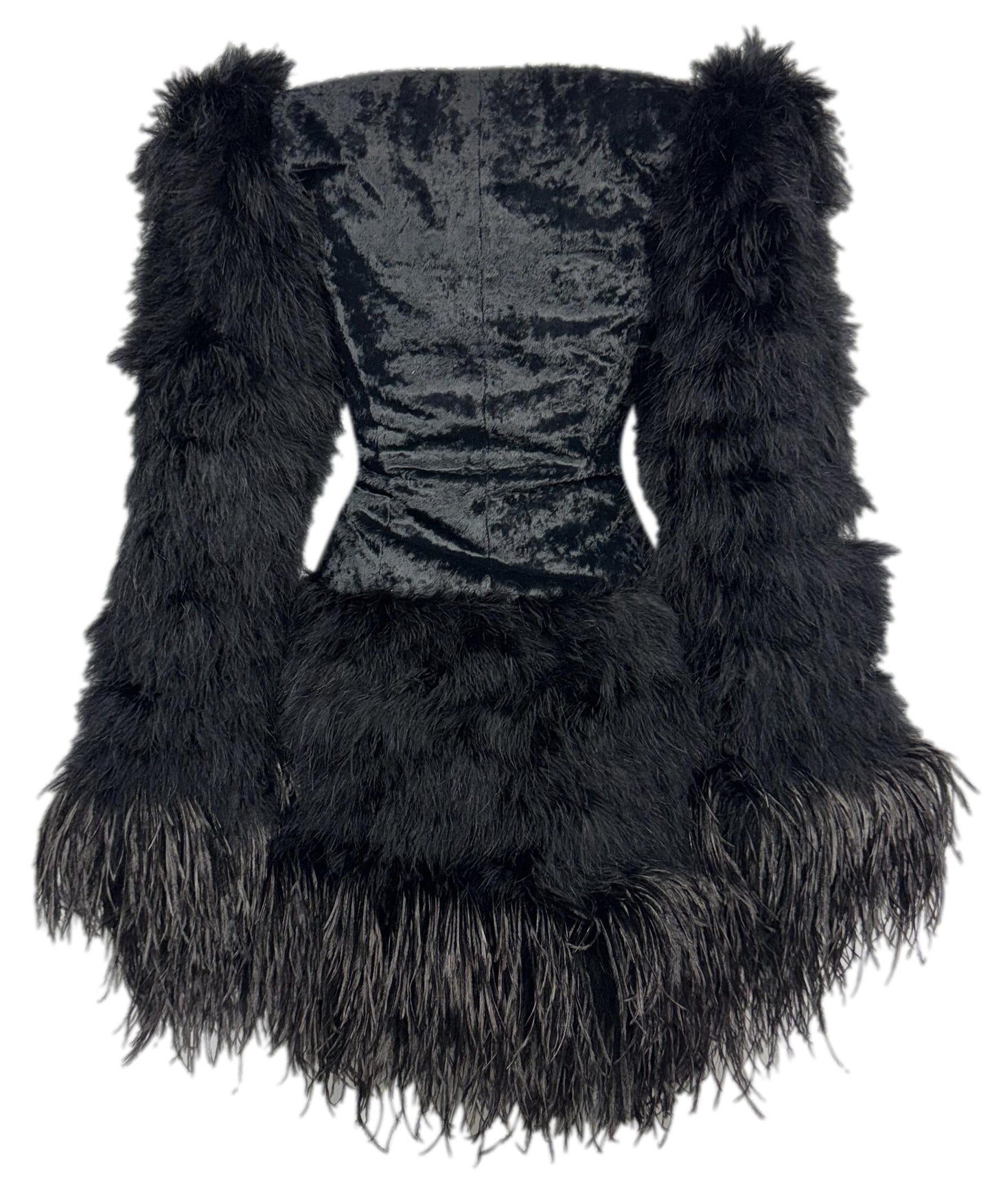 F/W 1991 Chantal Thomass Off Shoulder Black Bustier Feather Skirt & Sleeves Mini Dress