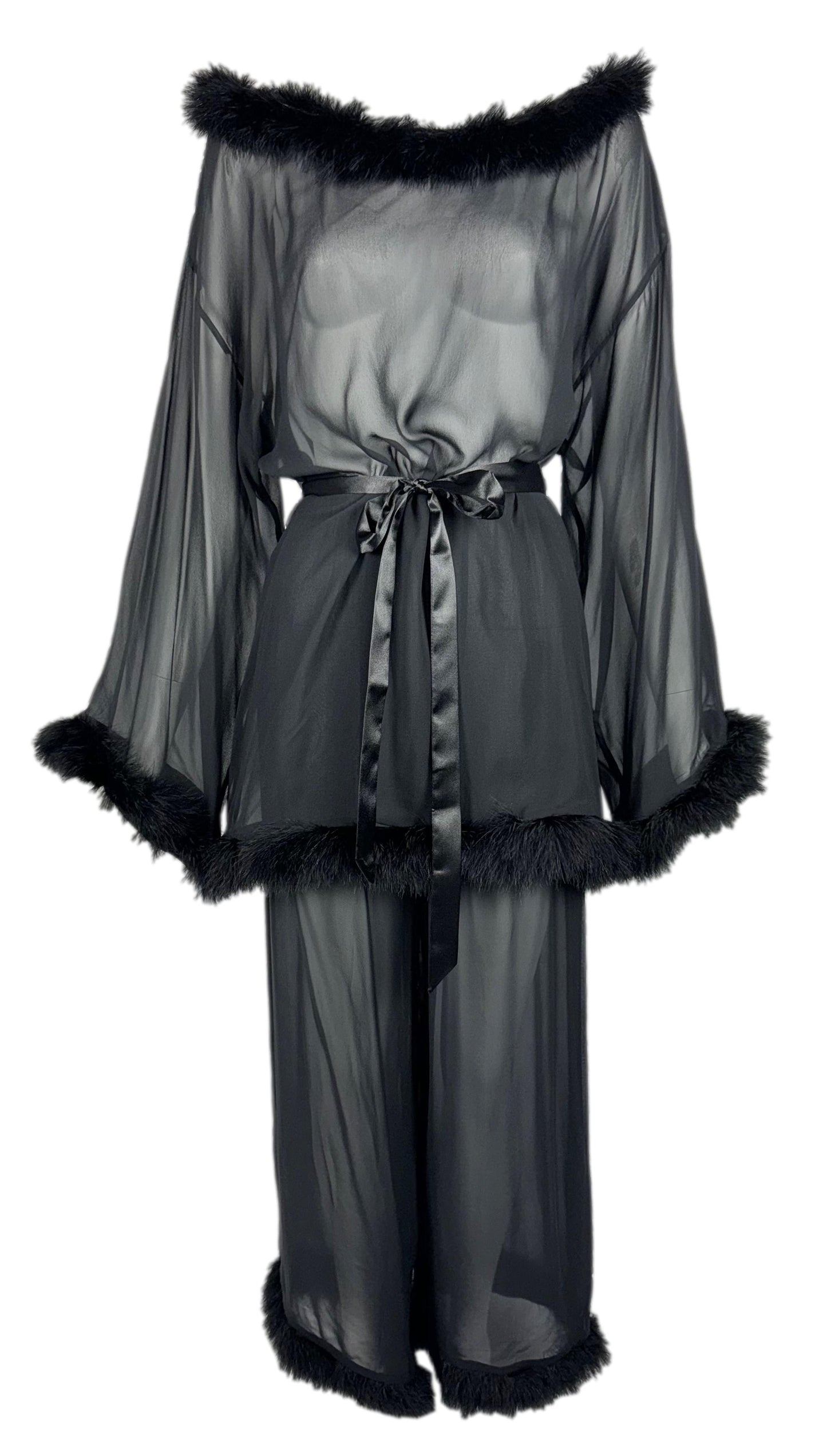 NWT F/W 1991 Dolce & Gabbana Sheer Black Silk & Feathers Mini Dress & Wide Leg Pants Set