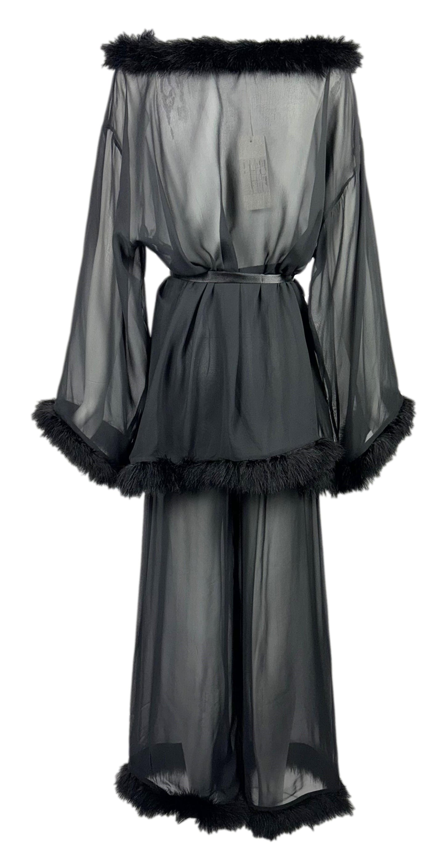 NWT F/W 1991 Dolce & Gabbana Sheer Black Silk & Feathers Mini Dress & Wide Leg Pants Set