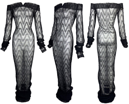 F/W 1991 Romeo Gigli Runway Unworn w Tags Sheer Black Off Shoulder Extra Long Wiggle Maxi Dress