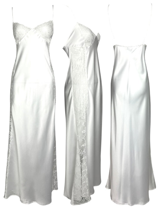 1991 Gianni Versace Sheer Ivory Lace Chest & Sides Satin Maxi Slip Dress