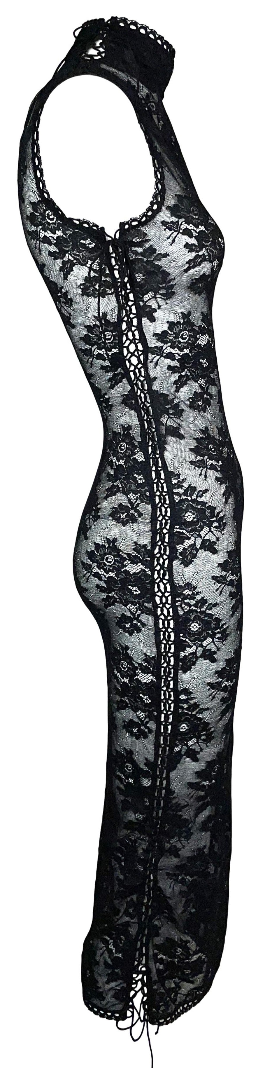 S/S 1992 Jean Paul Gaultier Sheer Black Stretch Lace Side Corset Lace Up Wiggle Dress