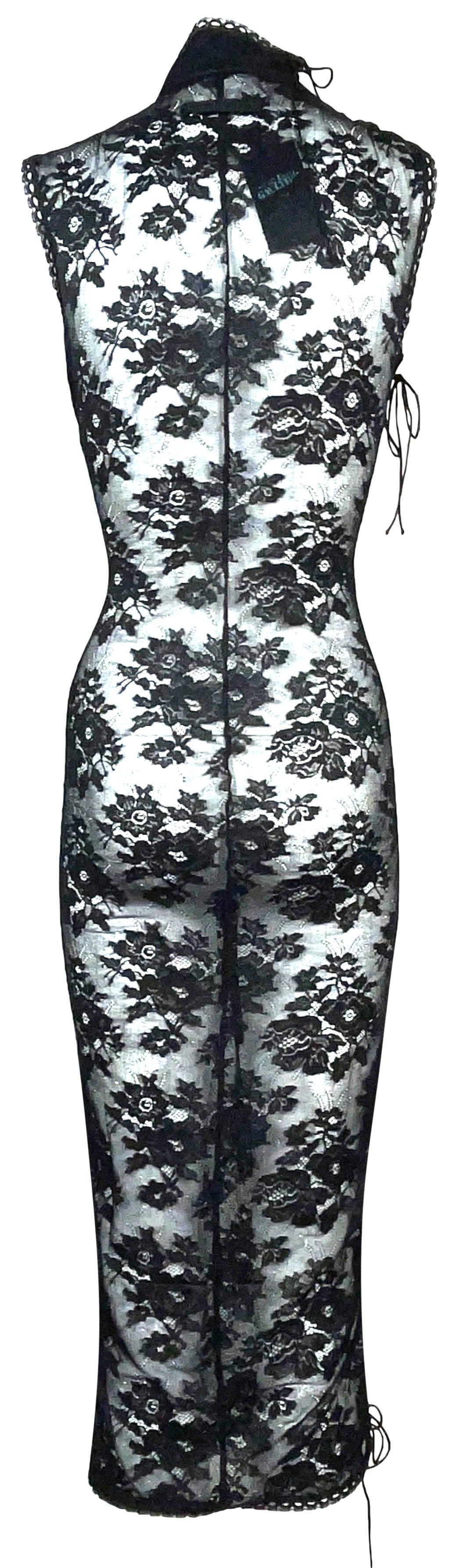 S/S 1992 Jean Paul Gaultier Sheer Black Stretch Lace Side Corset Lace Up Wiggle Dress