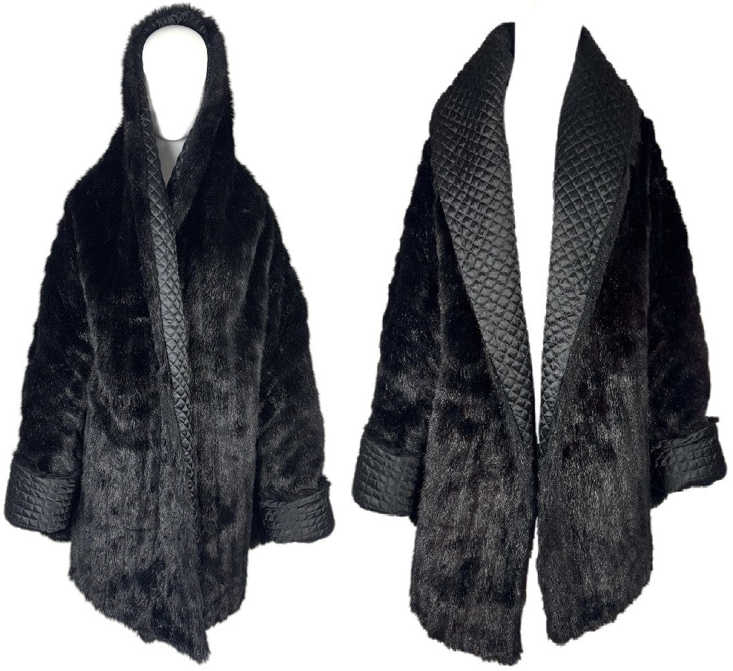 1992 Dolce & Gabbana Black Faux Fur Reversible Quilted Hooded Cocoon Coat Jacket