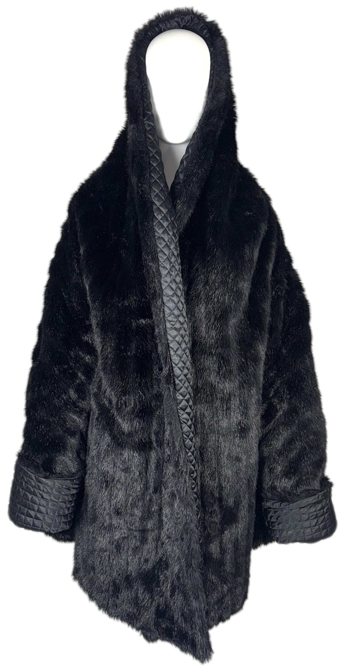 1992 Dolce & Gabbana Black Faux Fur Reversible Quilted Hooded Cocoon Coat Jacket
