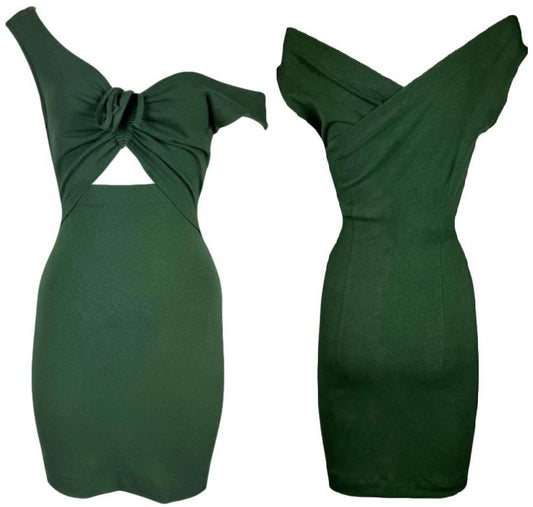Vintage 1992 Dolce & Gabbana Green Pin-Up Off Shoulder Cut-Out Bodycon Mini Dress