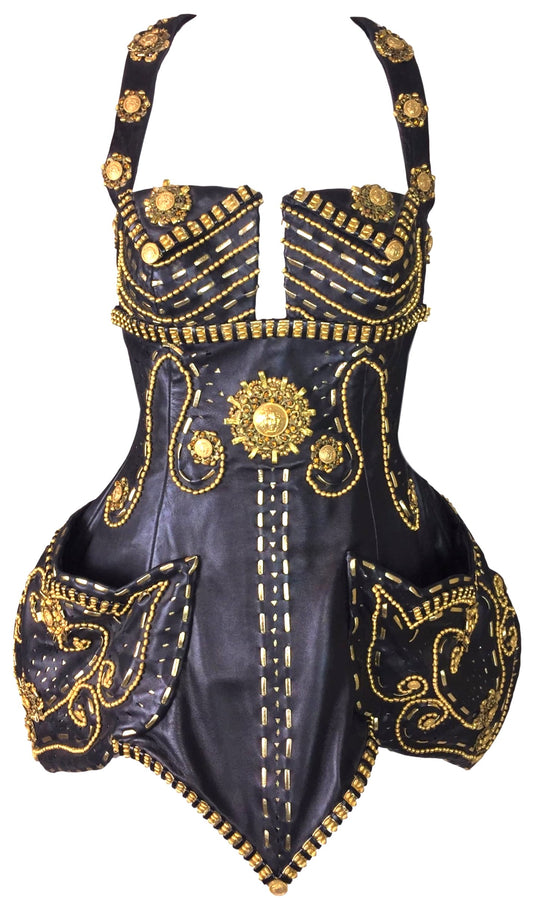 RARE F/W 1992 Atelier Versace Couture by Gianni Runway Black Leather Gold Embellished Mini Dress