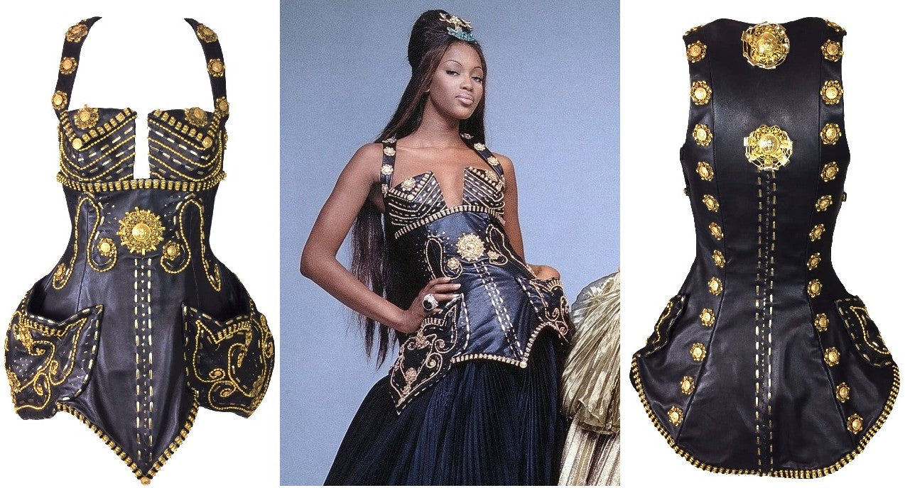 RARE F/W 1992 Atelier Versace Couture by Gianni Runway Black Leather Gold Embellished Mini Dress