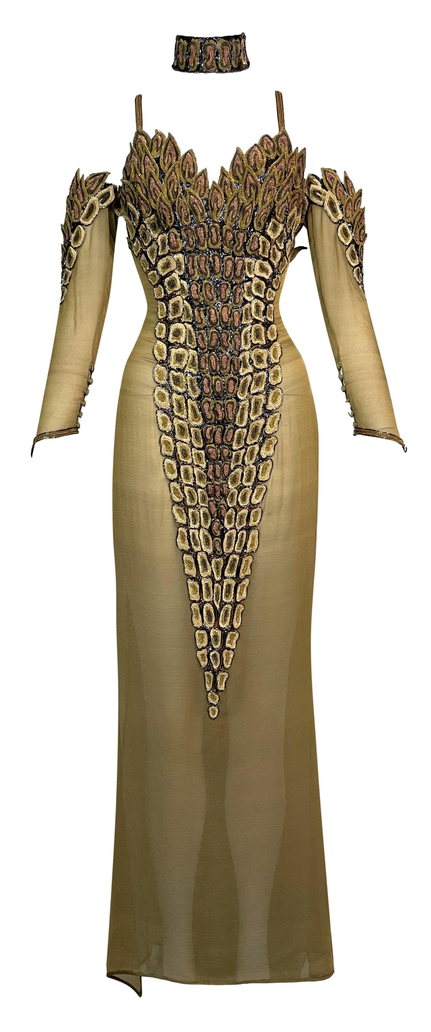 2003 Lloyd Klein Haute Couture Sheer Nude Silk Lesage Beaded Crocodile High Slits Dress w Choker & Cape