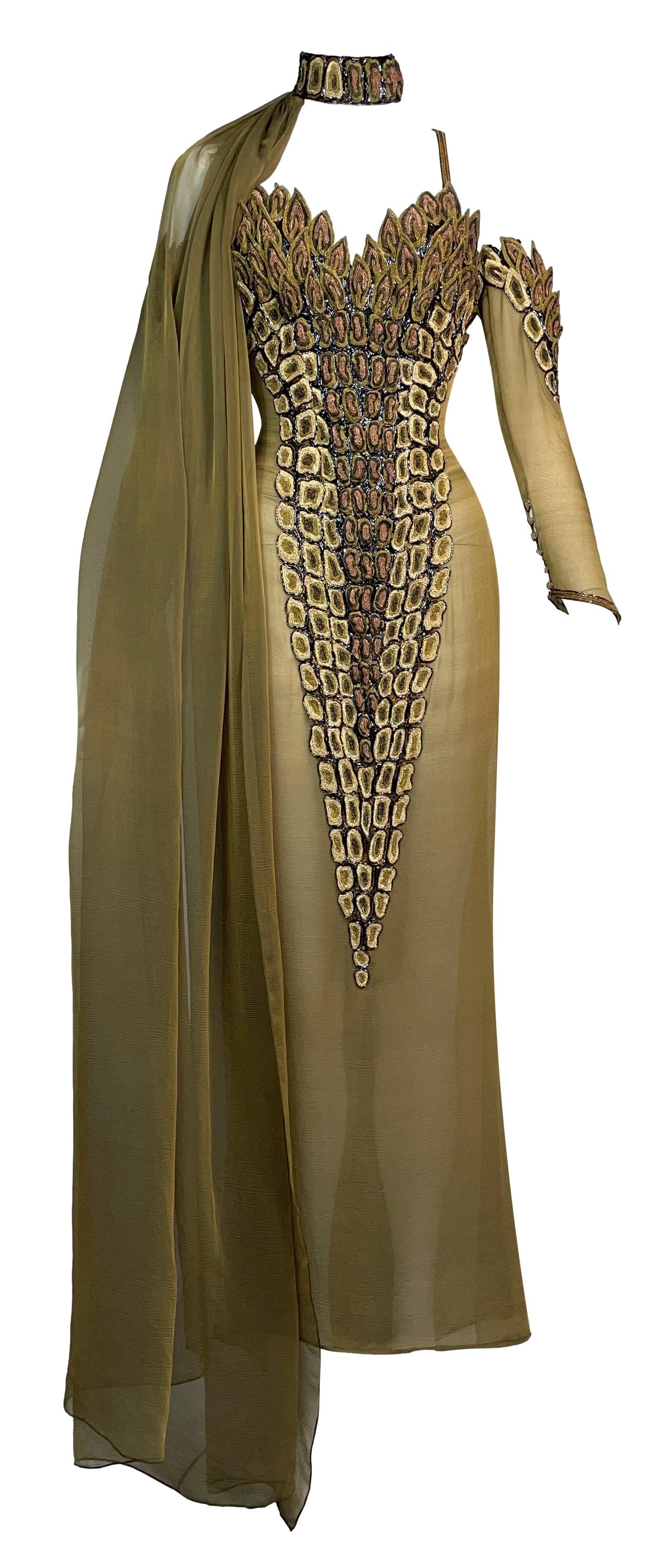 2003 Lloyd Klein Haute Couture Sheer Nude Silk Lesage Beaded Crocodile High Slits Dress w Choker & Cape