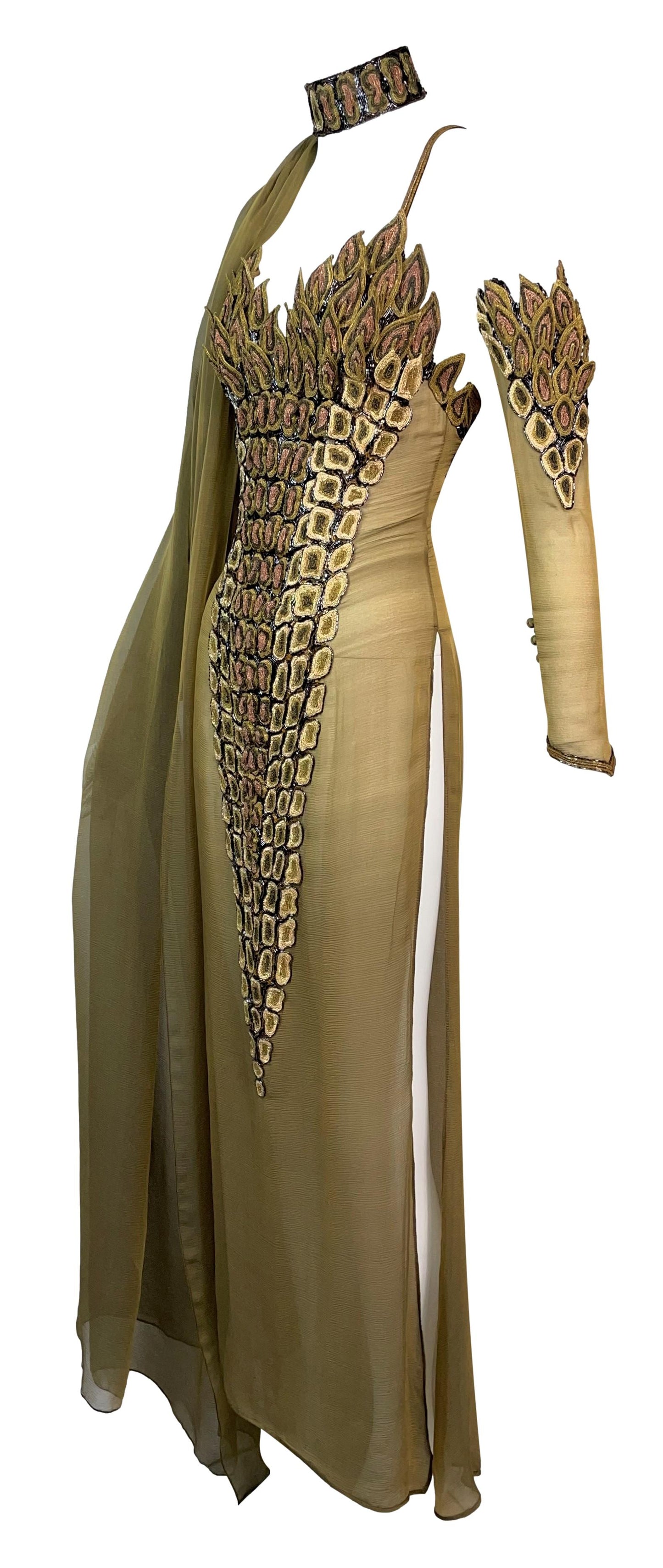 2003 Lloyd Klein Haute Couture Sheer Nude Silk Lesage Beaded Crocodile High Slits Dress w Choker & Cape