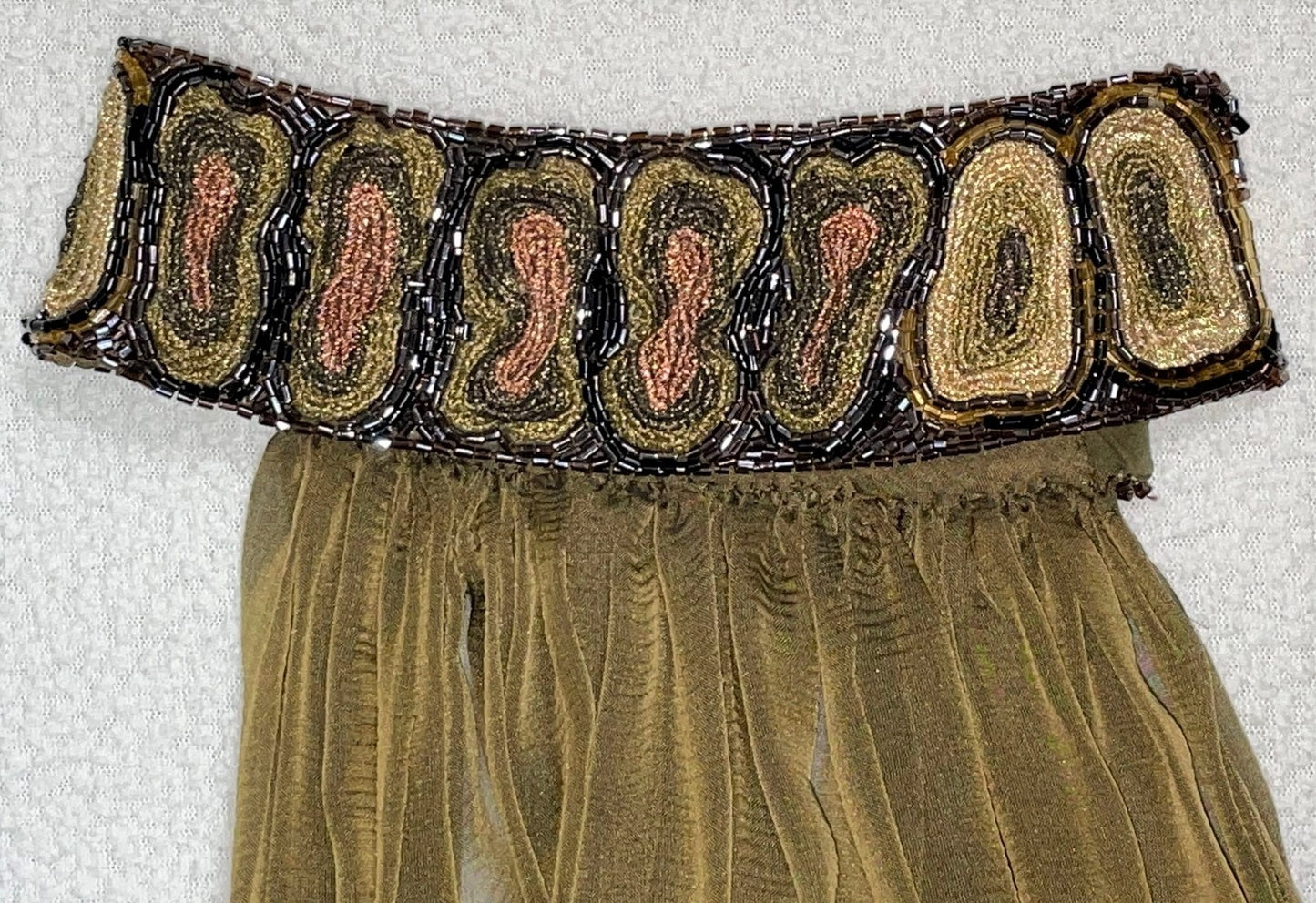 2003 Lloyd Klein Haute Couture Sheer Nude Silk Lesage Beaded Crocodile High Slits Dress w Choker & Cape