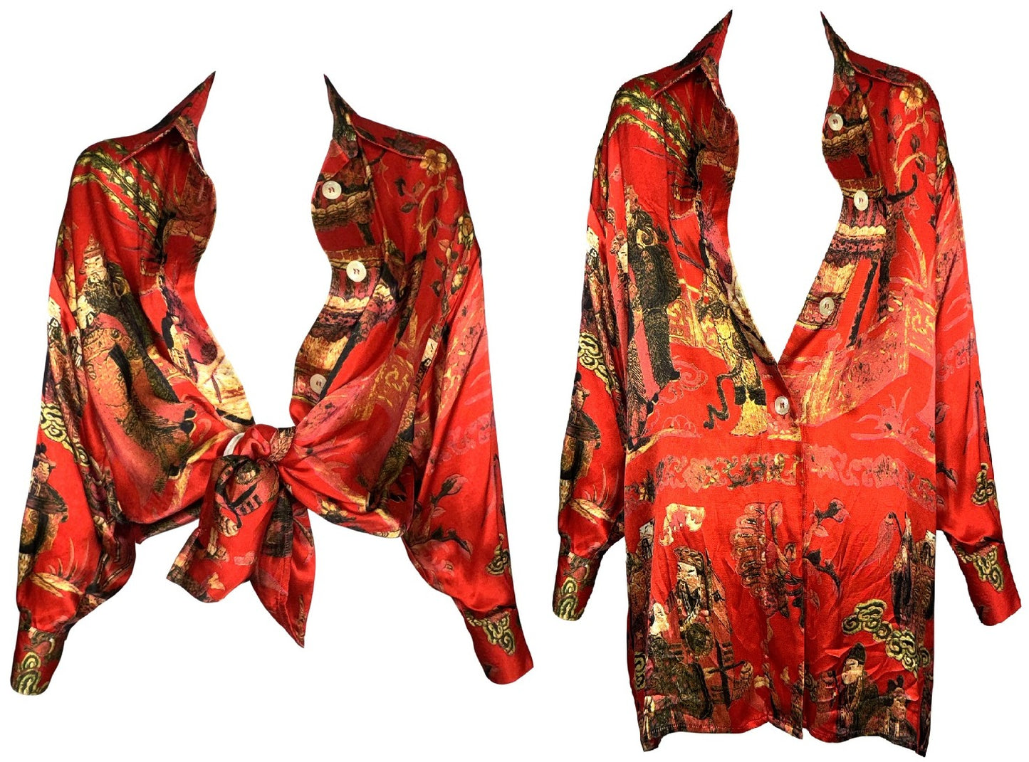 F/W 1992 Dolce & Gabbana Red Satin Chinoiserie Asian Print Button Down Blouse Top
