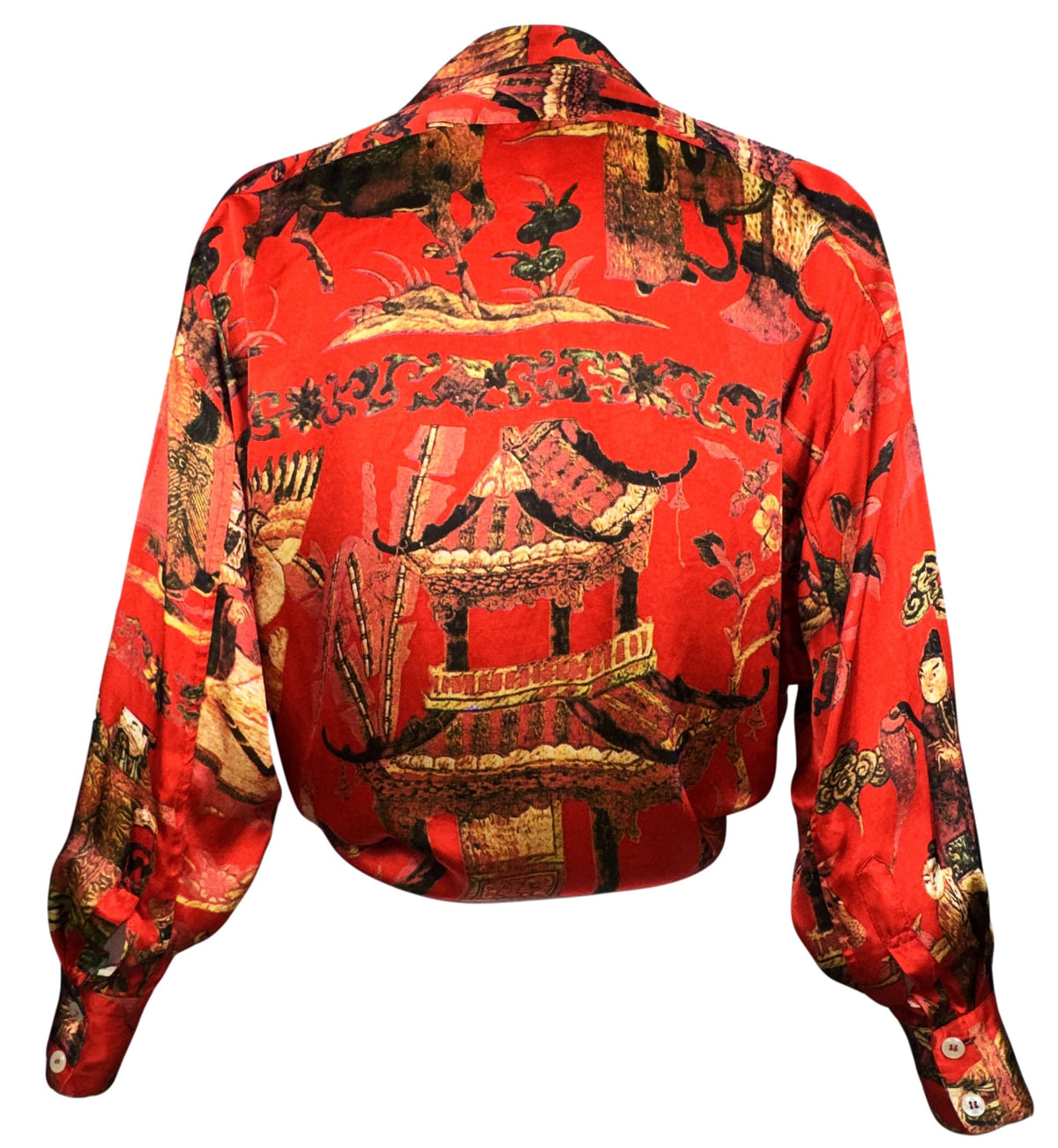 F/W 1992 Dolce & Gabbana Red Satin Chinoiserie Asian Print Button Down Blouse Top
