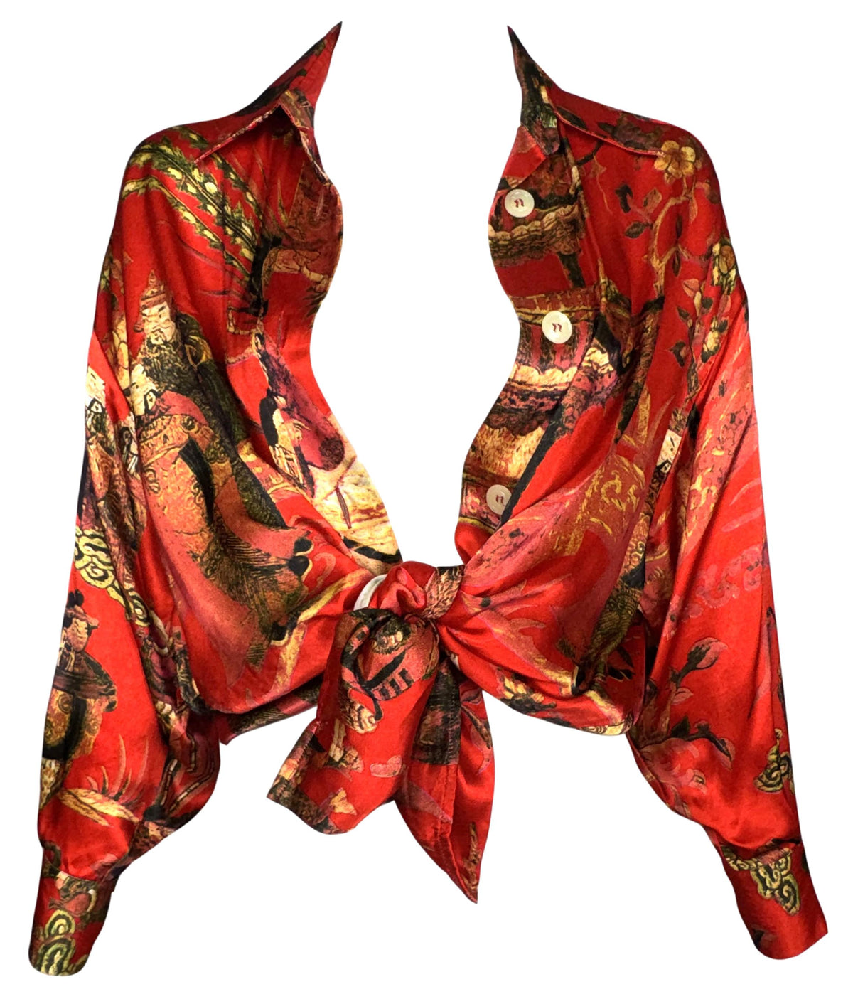 F/W 1992 Dolce & Gabbana Red Satin Chinoiserie Asian Print Button Down Blouse Top