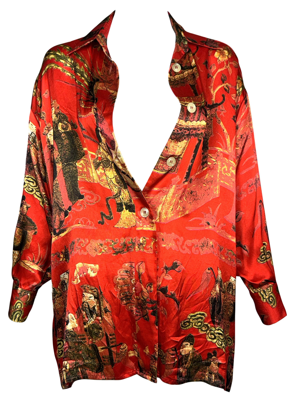 F/W 1992 Dolce & Gabbana Red Satin Chinoiserie Asian Print Button Down Blouse Top