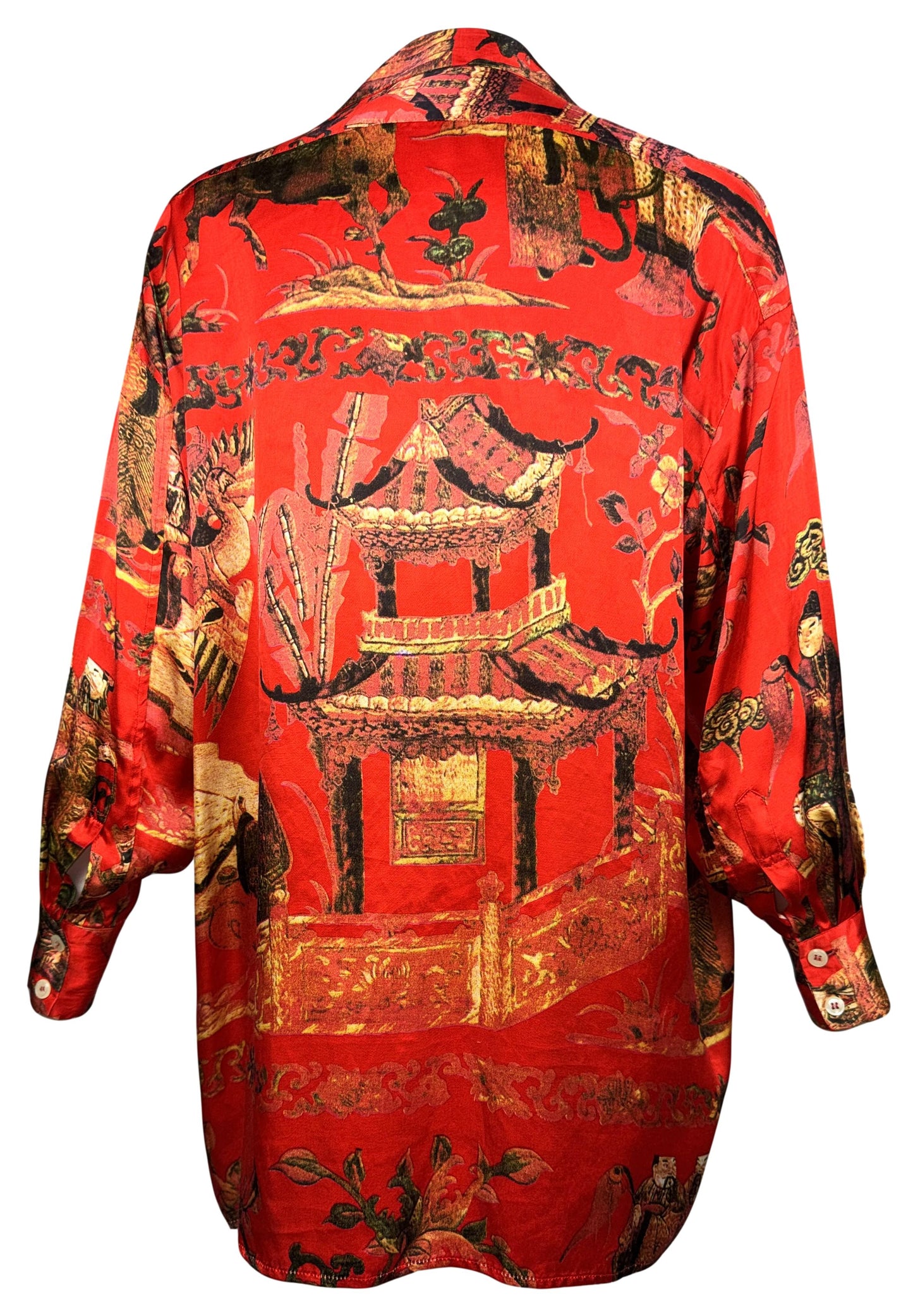F/W 1992 Dolce & Gabbana Red Satin Chinoiserie Asian Print Button Down Blouse Top