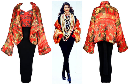 F/W 1992 Dolce & Gabbana Runway Chinoiserie Asian Print Red Stain Puffer Kimono Jacket Bustier & Maxi Wiggle Skirt Set