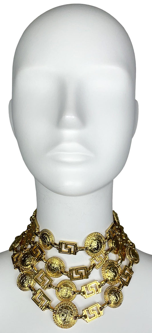 F/W 1992 Gianni Versace Runway Huge Gold Layered Medusa Logo Chain Choker Necklace
