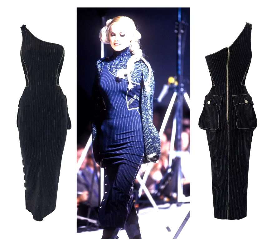 F/W 1992 Jean Paul Gaultier Runway Large Butt Pockets One Shoulder Maxi Dress