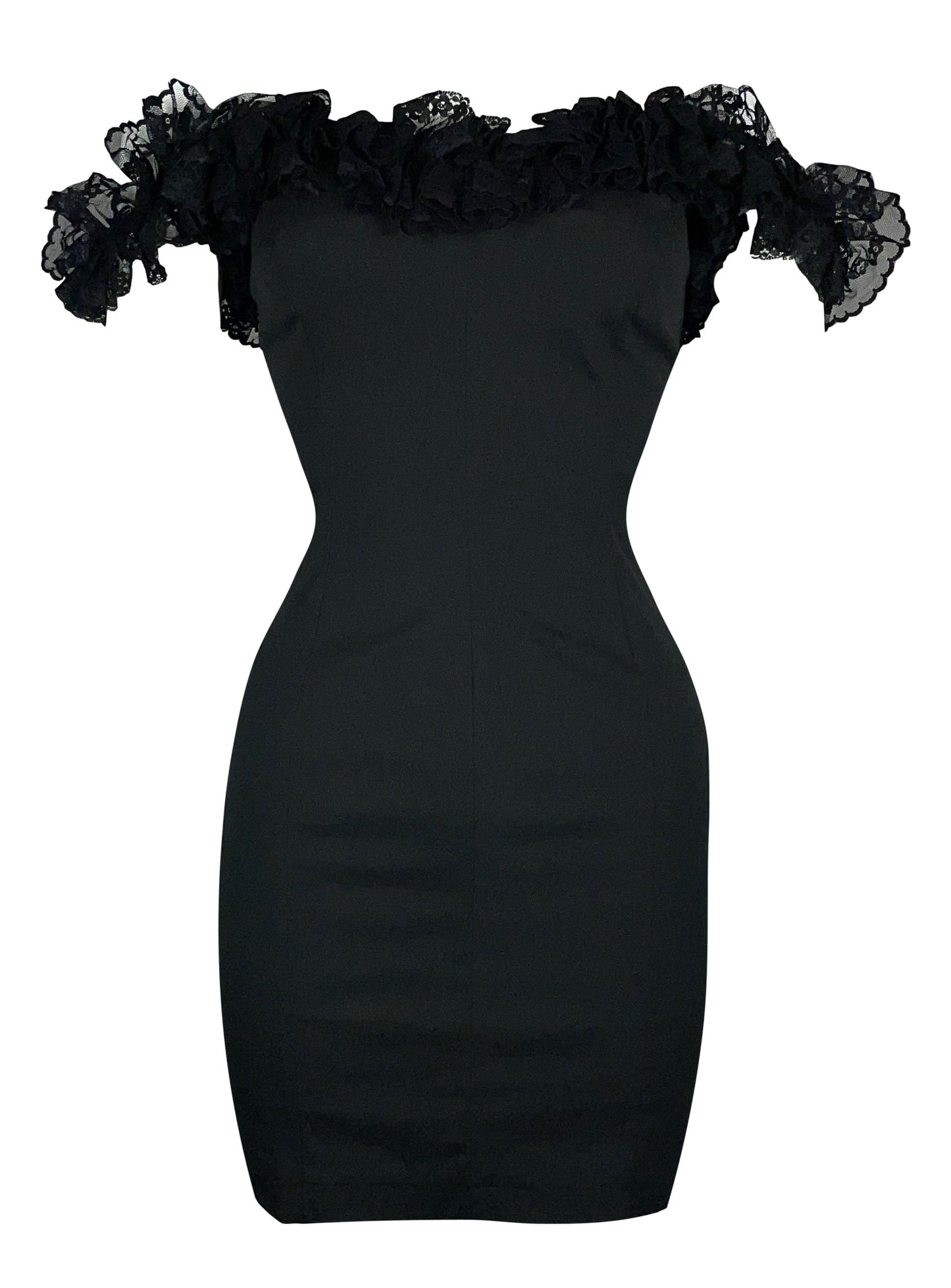 S/S 1992 Dolce & Gabbana Pin-Up Black Lace Off Shoulder Wiggle Mini Dress