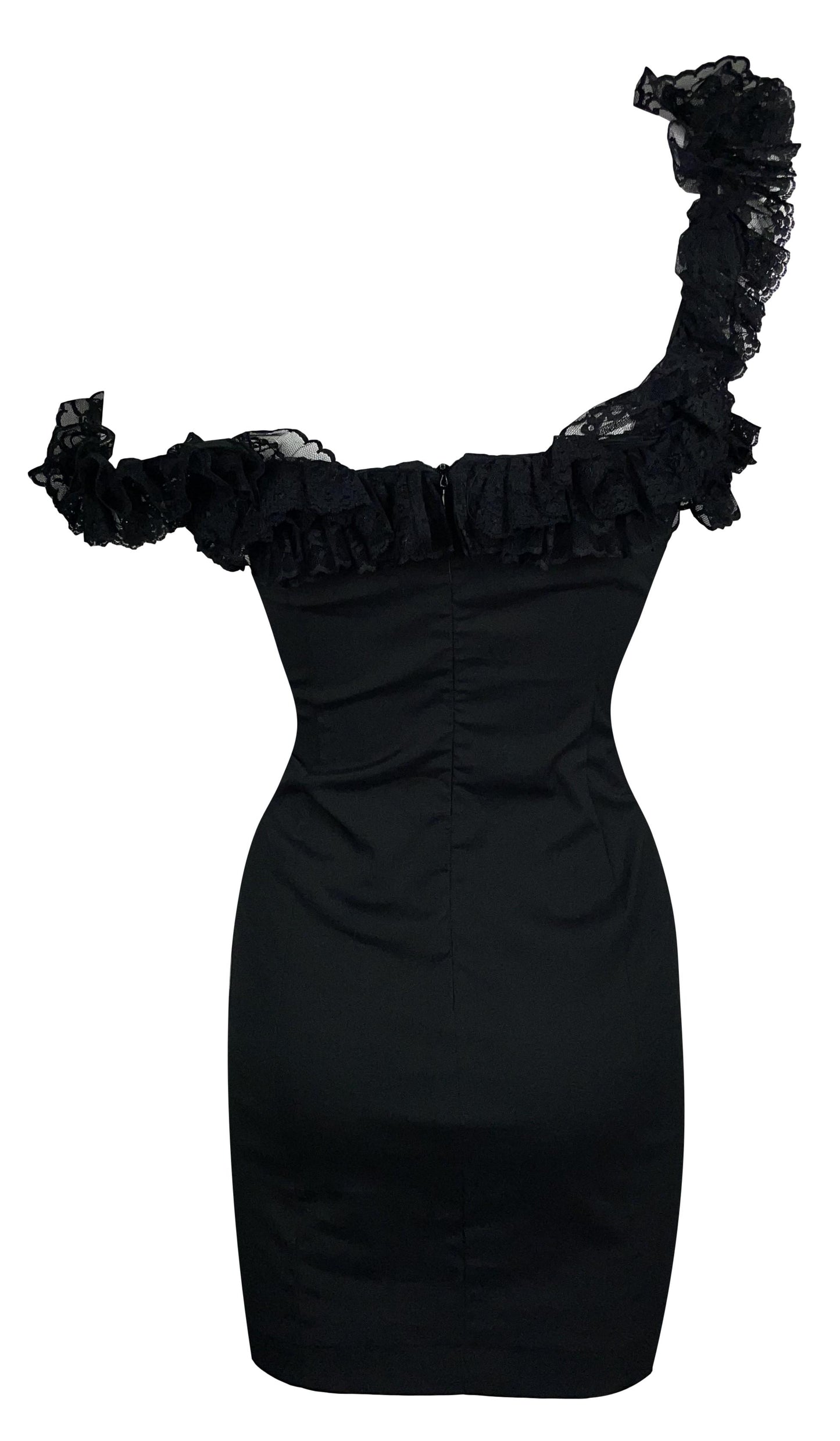 S/S 1992 Dolce & Gabbana Pin-Up Black Lace Off Shoulder Wiggle Mini Dress
