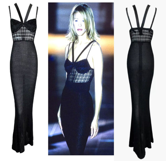 F/W 1993 Gianni Versace Runway Bondage Sheer Black Knit Mesh Lace Gown Dress