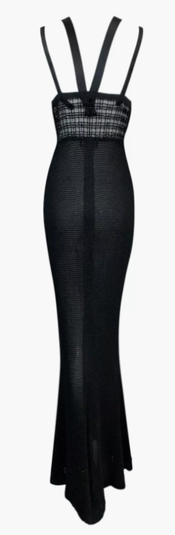 F/W 1993 Gianni Versace Runway Bondage Sheer Black Knit Mesh Lace Gown Dress