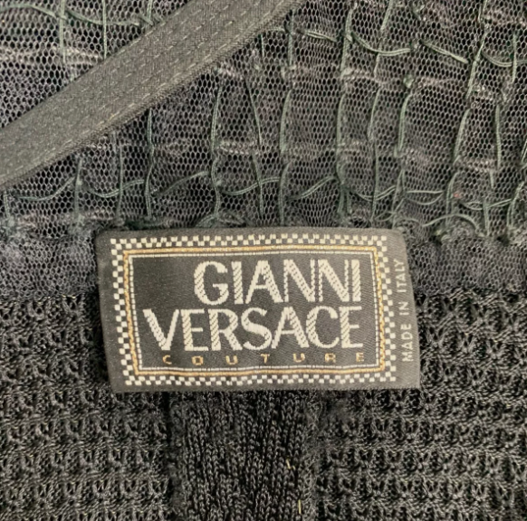 F/W 1993 Gianni Versace Runway Bondage Sheer Black Knit Mesh Lace Gown Dress