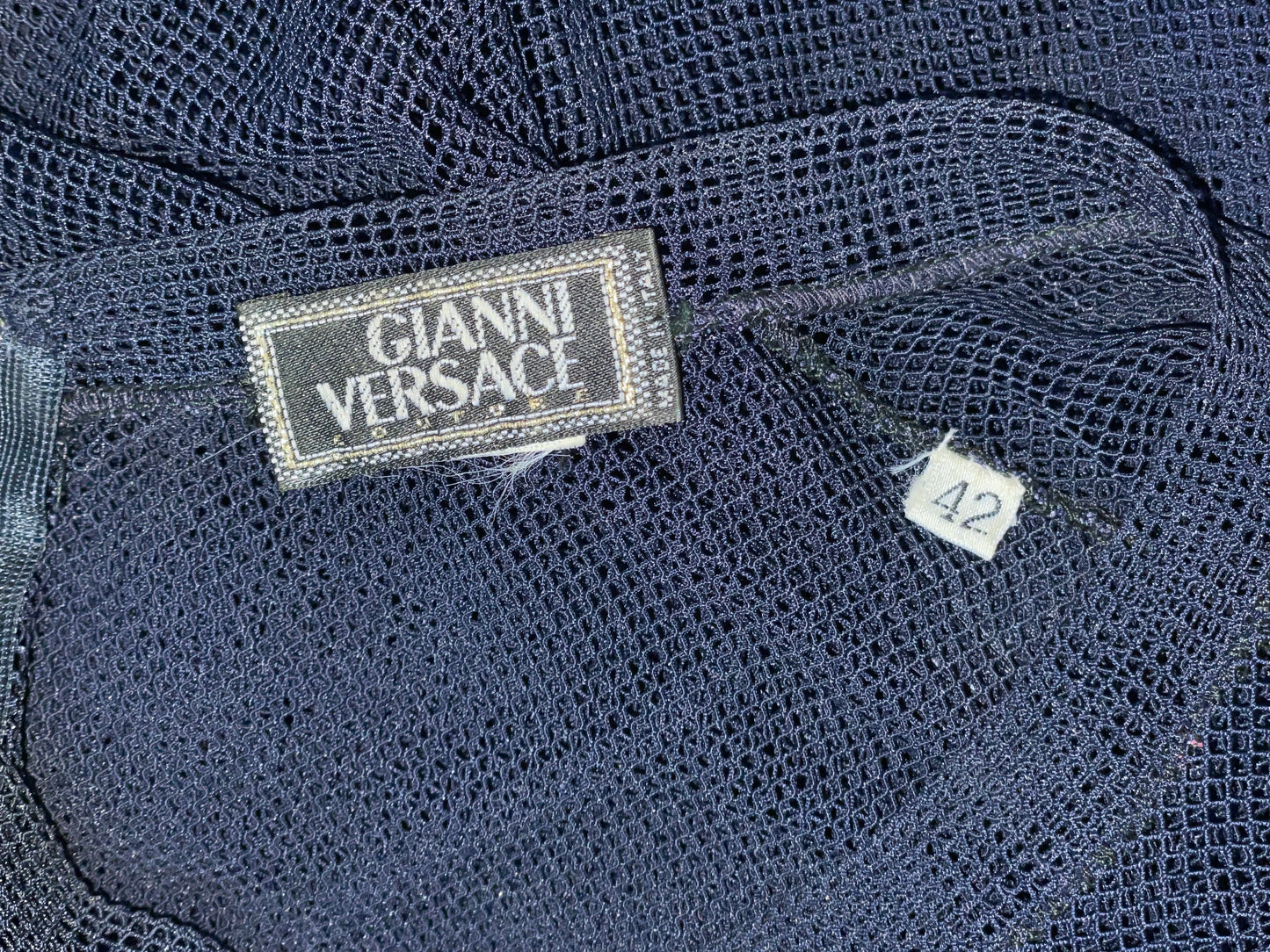Vintage C. 1993 Gianni Versace Sheer Navy Blue Fishnet Extra Long Wiggle Gown Dress