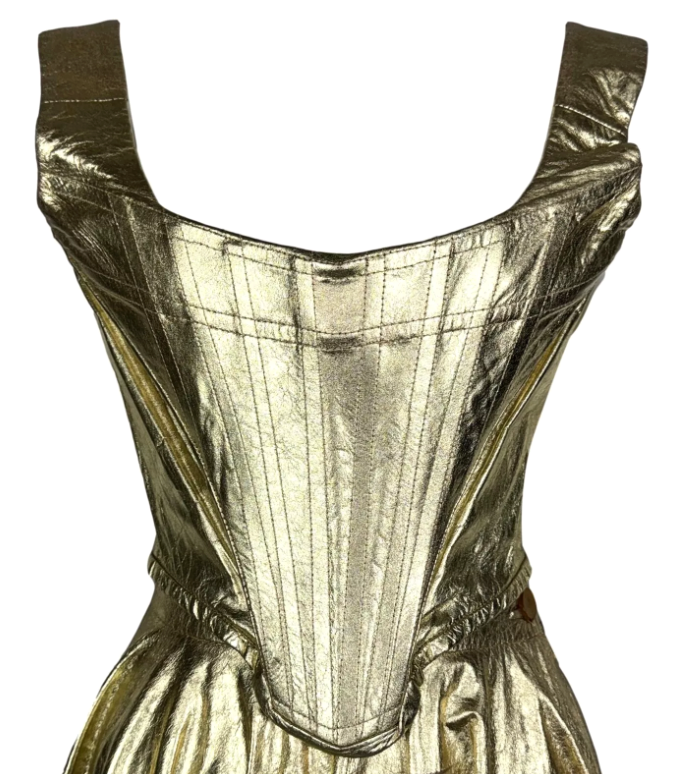 Vintage S/S 1993 Vivienne Westwood Runway Gold Leather Bustier & Maxi Skirt Set