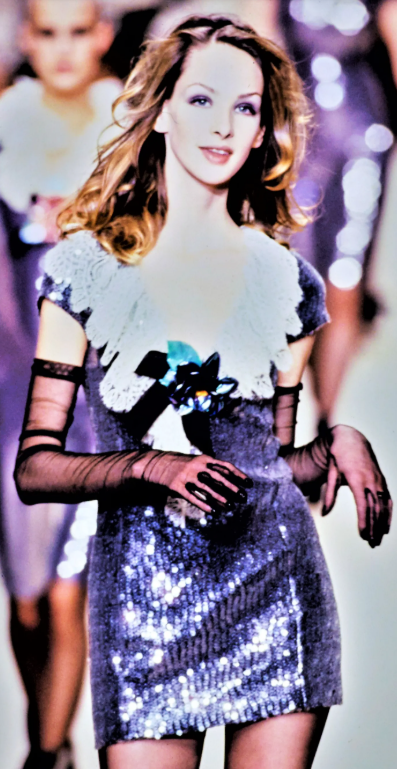 F/W 1994 NWT Chanel x Karl Lagerfeld Schoolgirl Goth Wednesday Adams Black Sequin & Lace Peter Pan Collar L/S LBD Mini Dress