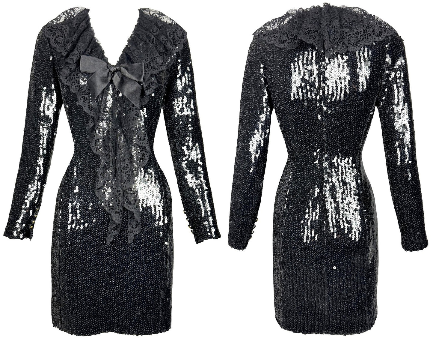 F/W 1994 NWT Chanel x Karl Lagerfeld Schoolgirl Goth Wednesday Adams Black Sequin & Lace Peter Pan Collar L/S LBD Mini Dress