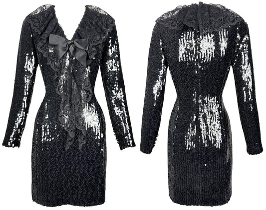 F/W 1994 NWT Chanel x Karl Lagerfeld Schoolgirl Goth Wednesday Adams Black Sequin & Lace Peter Pan Collar L/S LBD Mini Dress
