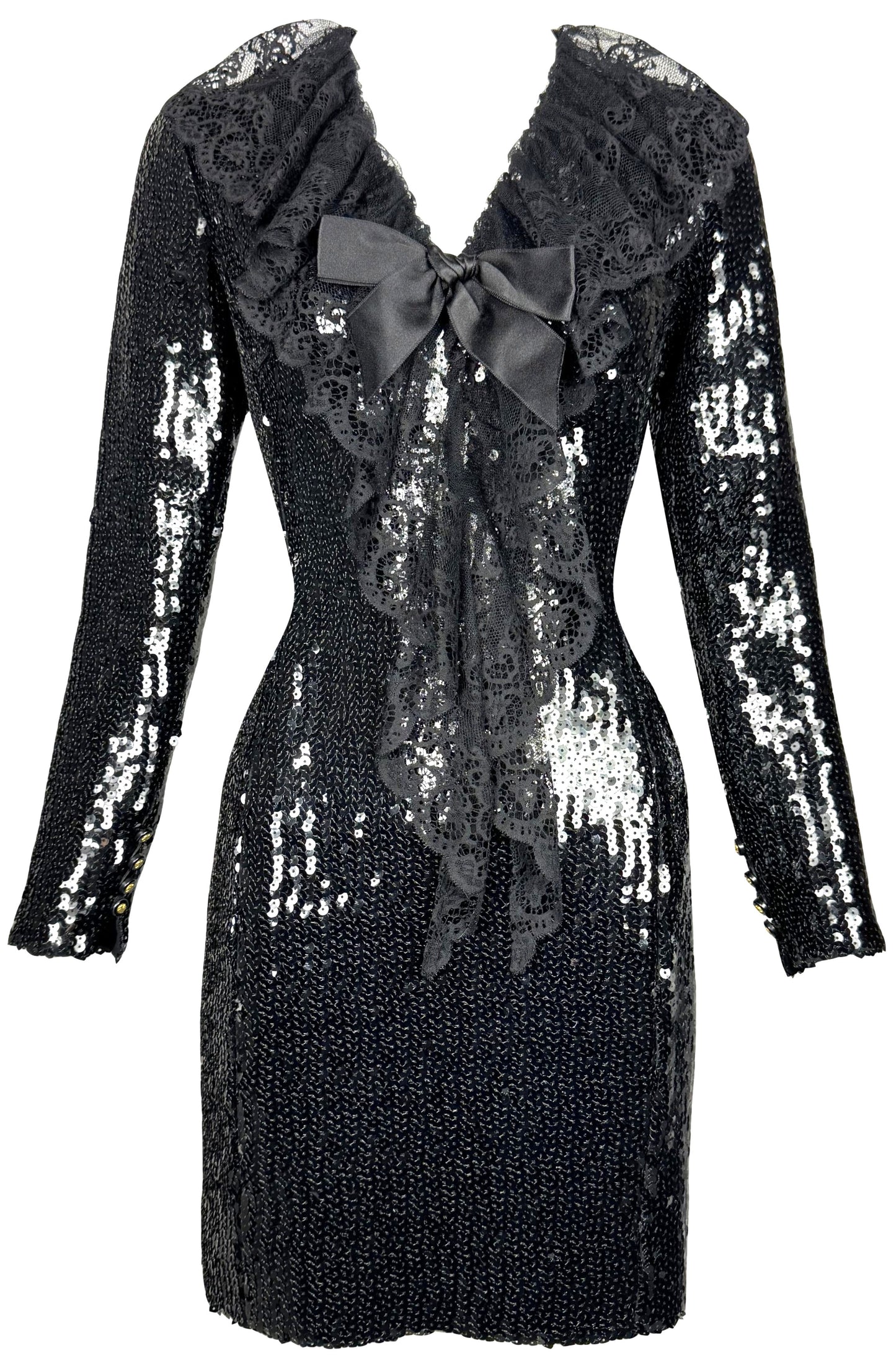 F/W 1994 NWT Chanel x Karl Lagerfeld Schoolgirl Goth Wednesday Adams Black Sequin & Lace Peter Pan Collar L/S LBD Mini Dress