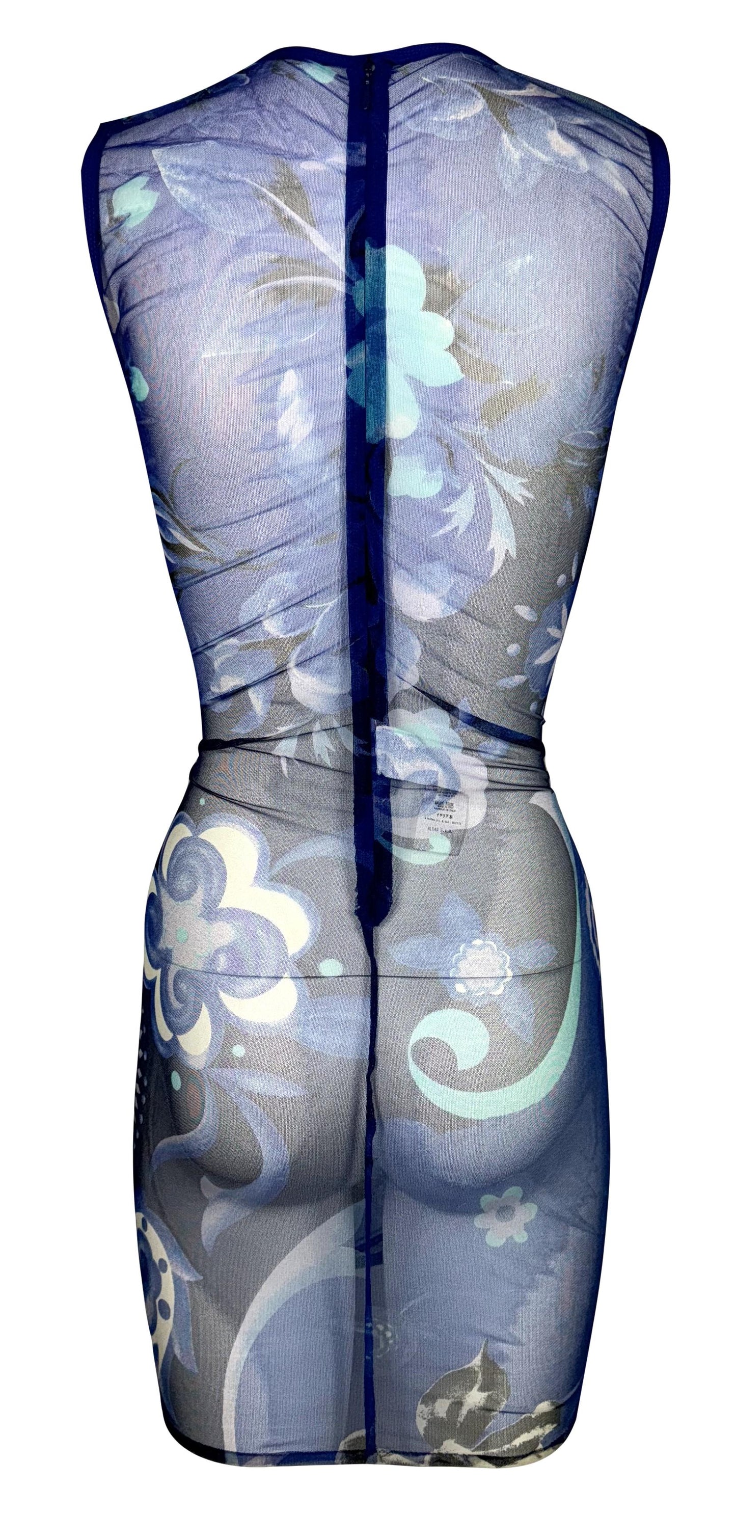 S/S 1994 Gianni Versace Instante Sheer Blue Floral Stretch Mesh Bodycon Mini Dress