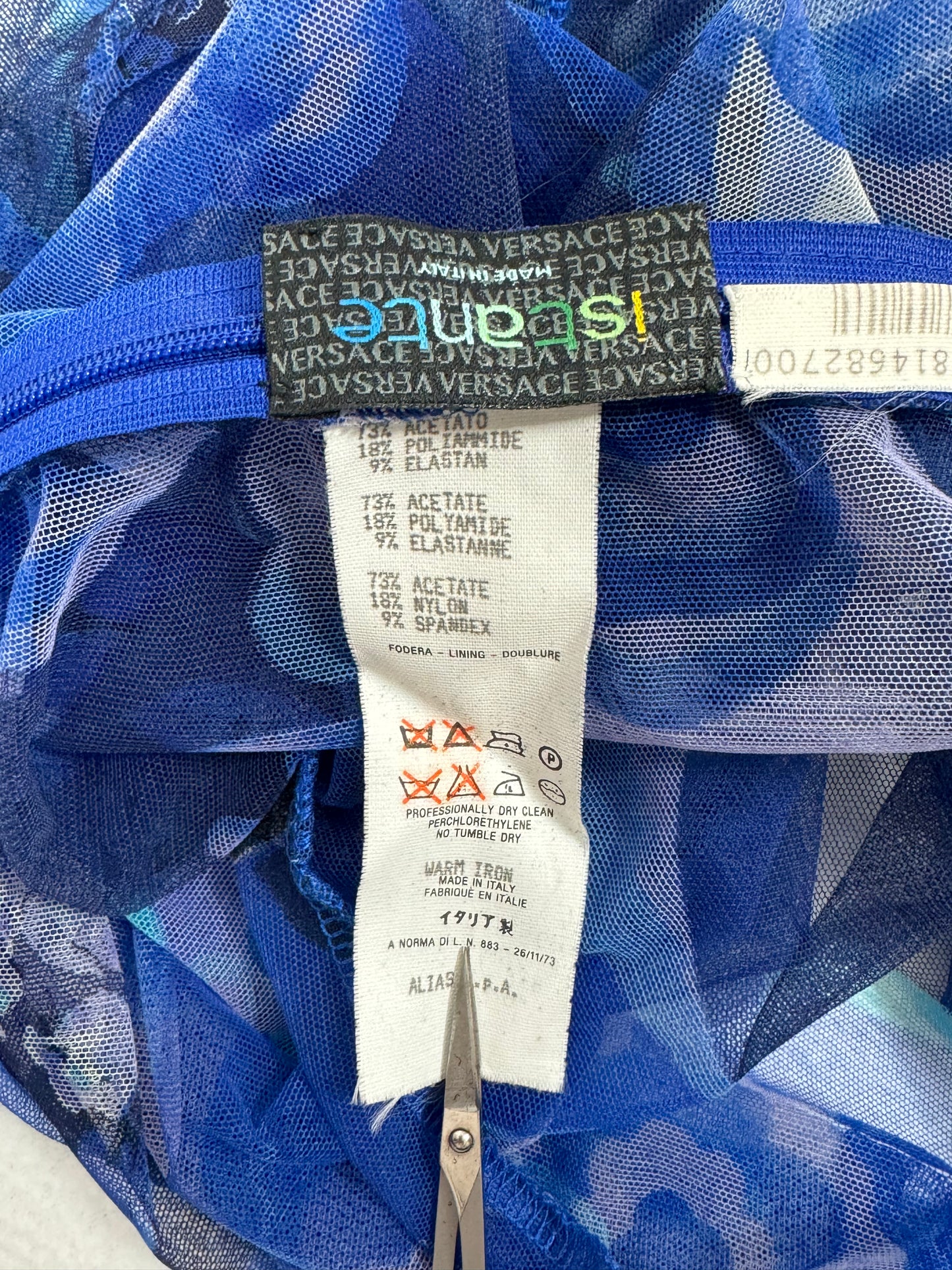 S/S 1994 Gianni Versace Instante Sheer Blue Floral Stretch Mesh Bodycon Mini Dress