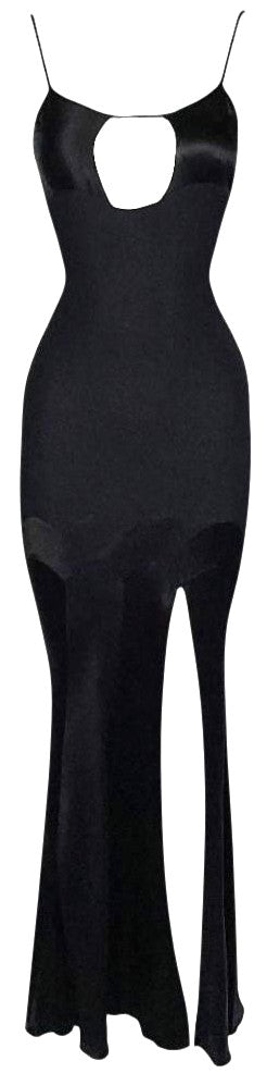 S/S 1994 John Galliano Black Plunging Chest Cut-Out High Slit Maxi Slip Dress