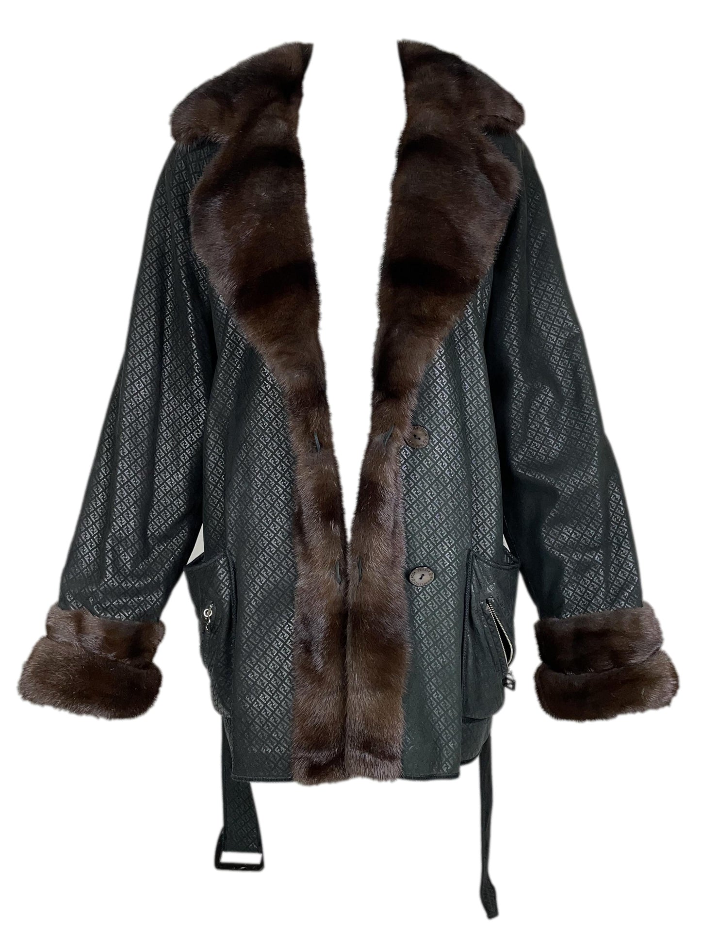 F/W 1995 Fendi by Karl Lagerfeld Reversible Black Leather Logo & Mink Fur Jacket